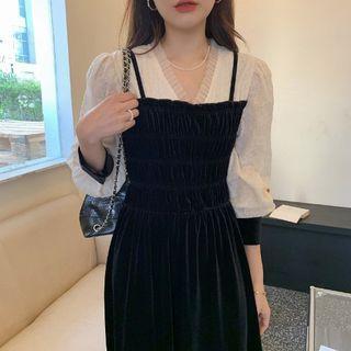 Mock Two-piece 3/4-sleeve Midi A-line Velvet Dress Black - One Size