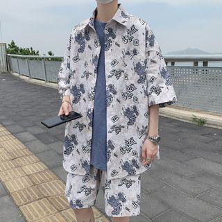Set: Elbow-sleeve Print Shirt + Wide-leg Shorts