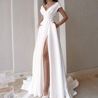 Off-shoulder Midi A-line Evening Gown