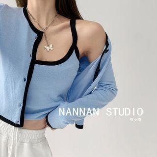 Set: Contrasted Deep U-neck Camisole Top + Light Cardigan