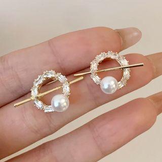 Beaded Sterling Silver Ear Stud 1 Pair - White Bead - Gold - One Size