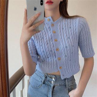 Short-sleeve Star Embroidered Cable Knit Cardigan