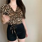 Leopard Print Short-sleeve Tie-waist Cropped T-shirt Top - Beige - One Size