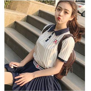 Set : Pinstripe Short-sleeve Polo Shirt + Accordion Mini Skirt