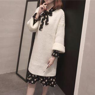 Set: Printed Long-sleeve Dress + Crew-neck Long-sleeve Knit Dress