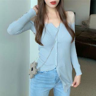 Long-sleeve Mesh Panel Knit Top As Shown In Figure - One Size