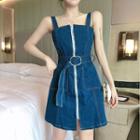 Wide Strap Zip-up Mini Denim Dress