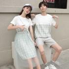 Couple Matching Plaid Panel Short-sleeve T-shirt / Shorts / Mesh Panel Short-sleeve Midi A-line Dress / Set