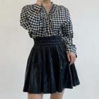 Button-up Gingham Blouse / Faux Leather Mini Skirt