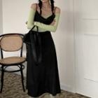 Long-sleeve Off-shoulder Top / Spaghetti Strap Slit-hem Midi A-line Dress