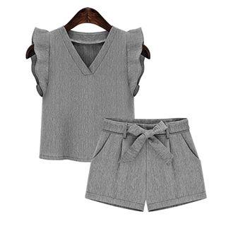 Set: Ruffle Trim V-neck Top + Wide Leg Shorts
