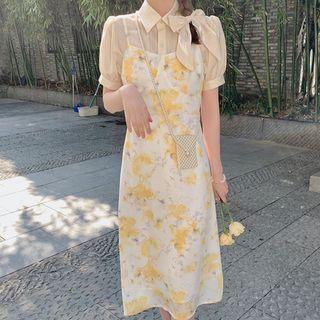 Strappy Floral Midi A-line Dress / Short-sleeve Shirt