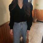 V-neck Puff Sleeve Blouse Black - One Size