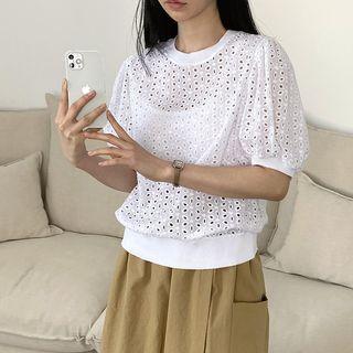 Balloon-sleeve Perforated Embroidered Blouse