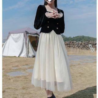 Velvet Panel Mesh Midi A-line Dress