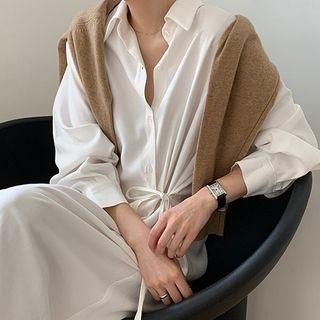 Long-sleeve Single Breasted Tie-waist Plain Dress