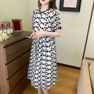 Short Sleeve Floral Print Chiffon Midi A-line Dress