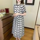 Short Sleeve Floral Print Chiffon Midi A-line Dress