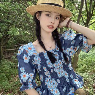 Floral Pleated Cropped Blouse Blue - One Size