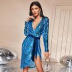 Sequin V-neck Long-sleeve Midi A-line Dress