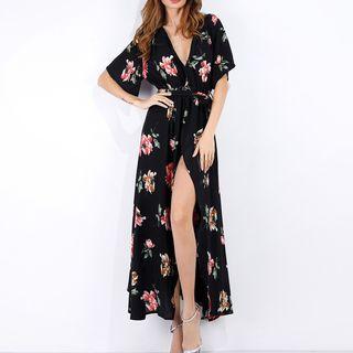 Floral Print Short Sleeve Slit Hem Maxi Dress