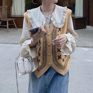 Floral Embroidered Knit Sweater Vest / Ruffled Blouse