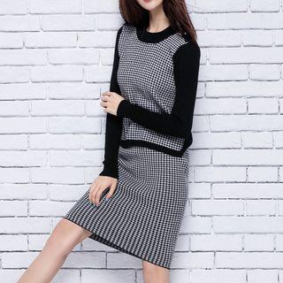 Set: Houndstooth Panel Long Sleeve Knit Top + Knit Skirt