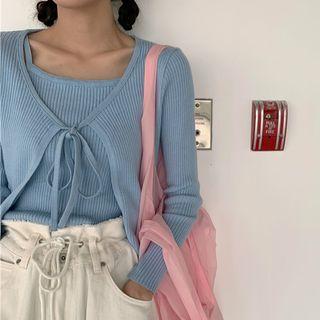 Set: Plain Ribbed Camisole Top + Cropped Cardigan