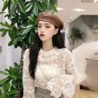 Collared Balloon-sleeve Lace Blouse White - One Size