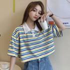 Short-sleeve Color-block Striped Polo Shirt