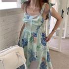 Sleeveless Floral Print A-line Dress Blue - One Size