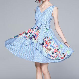 Sleeveless Graphic Print Striped Tie-waist Mini A-line Dress