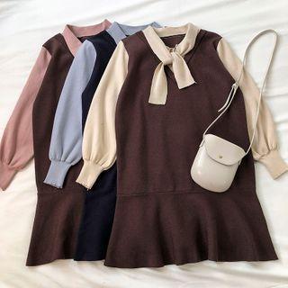 Mock Two-piece Color-block Lace-up Long-sleeve Dress