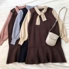 Mock Two-piece Color-block Lace-up Long-sleeve Dress