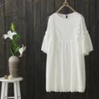 Short-sleeve Crochet Trim A-line Dress White - One Size