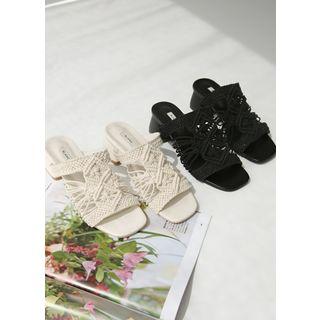 Knit-strap Kitten-heel Mules