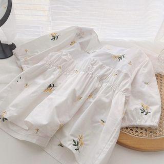 Puff-sleeve Square-neck Embroidered Blouse White - One Size