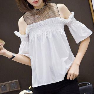 Mock Two-piece Mesh Panel Off-shoulder Short-sleeve Top