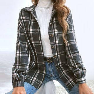 Long-sleeve Plaid Button-up Collar Shirt Jacket