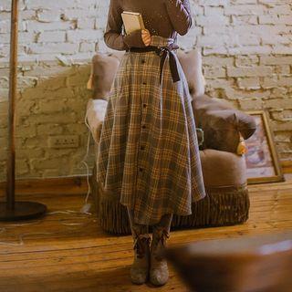 Reversible Tie-waist Plaid Midi A-line Skirt
