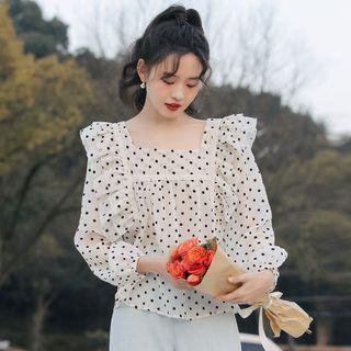 Ruffled Dotted Chiffon Blouse Black & White - One Size
