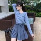 Plain Long-sleeve Open Knit Top / Mesh A-line Skirt