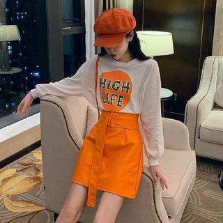 Long-sleeve Lettering T-shirt / Belted A-line Skirt