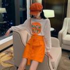 Long-sleeve Lettering T-shirt / Belted A-line Skirt
