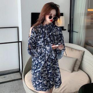 Cold-shoulder Plaid Mini Dress White Floral - Dark Blue - One Size