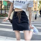 Fray Hem Lace-up Denim Mini Pencil Skirt