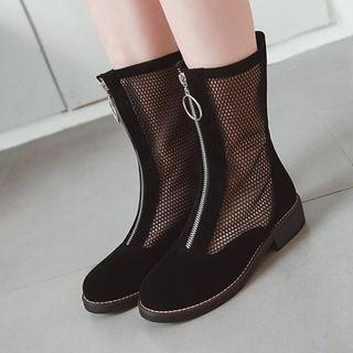 Faux Pearl Mesh Panel Mid-calf Boots
