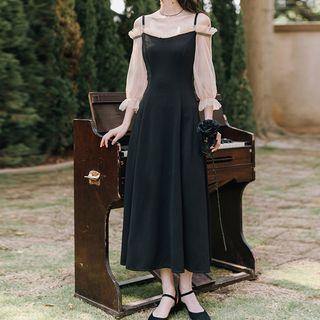 Cold-shoulder Bell-sleeve Maxi A-line Dress