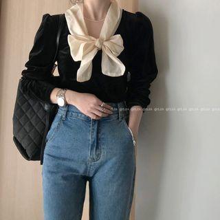 Long-sleeve Tie-neck Velour Blouse Black - One Size