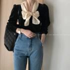 Long-sleeve Tie-neck Velour Blouse Black - One Size